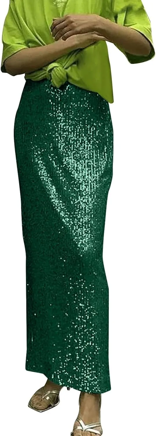 Women's Sequin Maxi Skirt Glitter Elastic High Waist Straight Leg Night Out Party Bodycon Long Skirt Party Clubwear