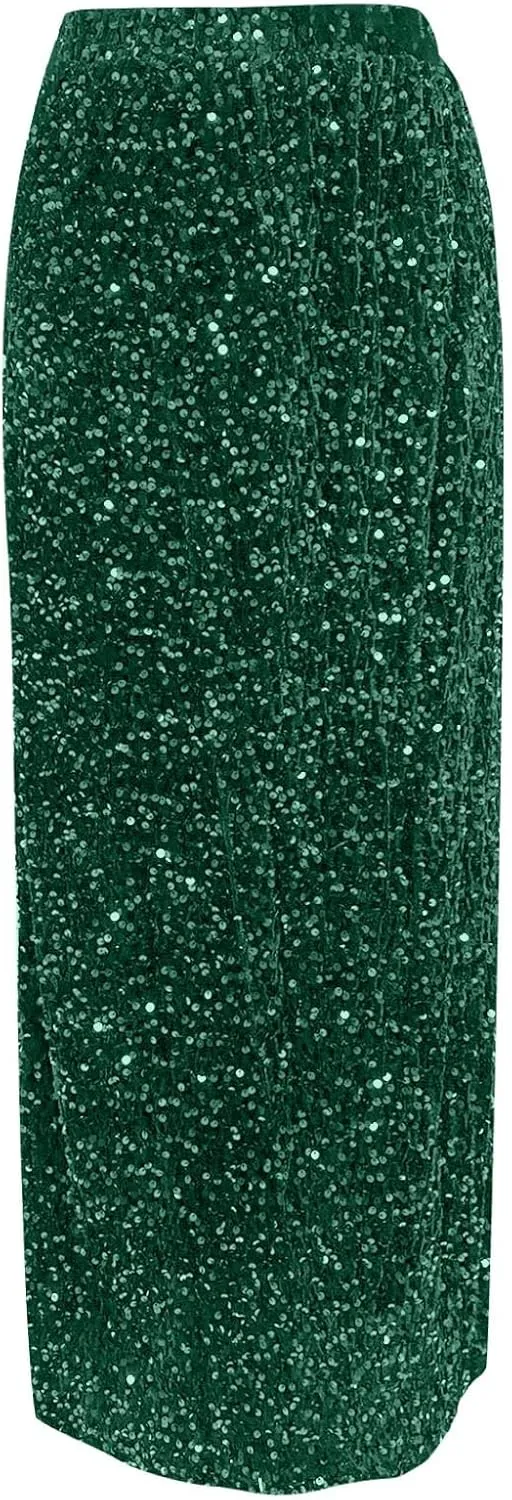 Women's Sequin Maxi Skirt Glitter Elastic High Waist Straight Leg Night Out Party Bodycon Long Skirt Party Clubwear