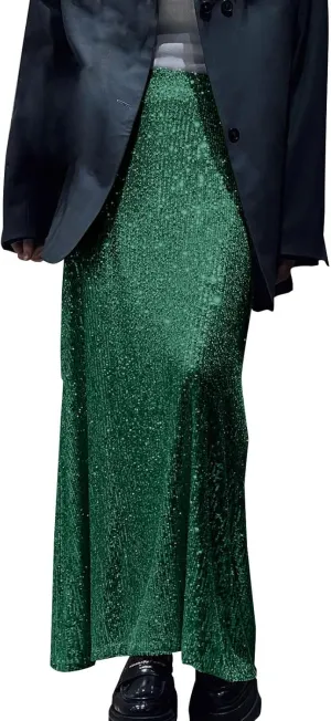 Women's Sequin Maxi Skirt Glitter Elastic High Waist Straight Leg Night Out Party Bodycon Long Skirt Party Clubwear
