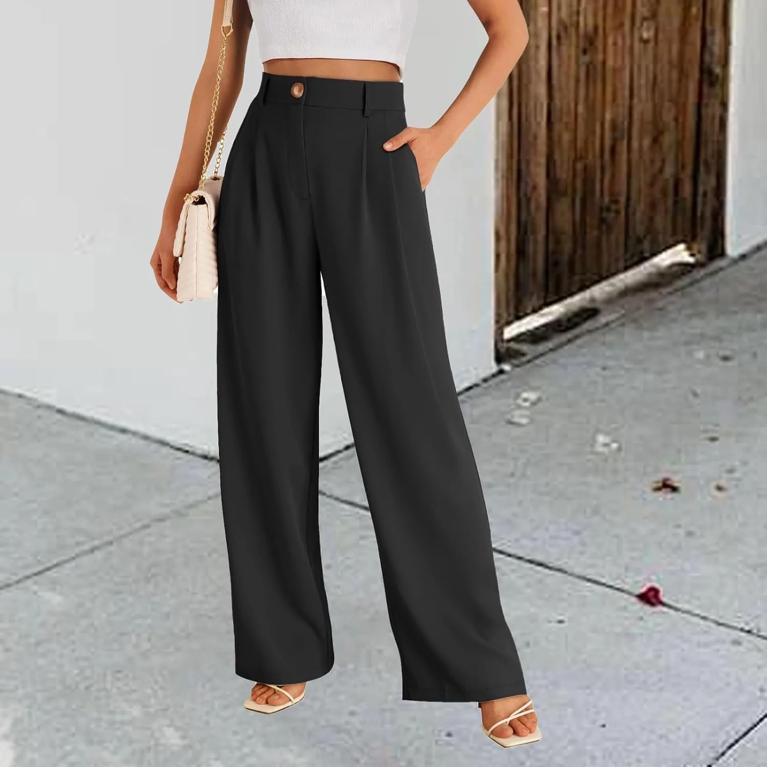 Womens Suit Pants Business High Waist Wide Leg Pant Stretch Button Work Straight Leg Trousers Casual with Pockets