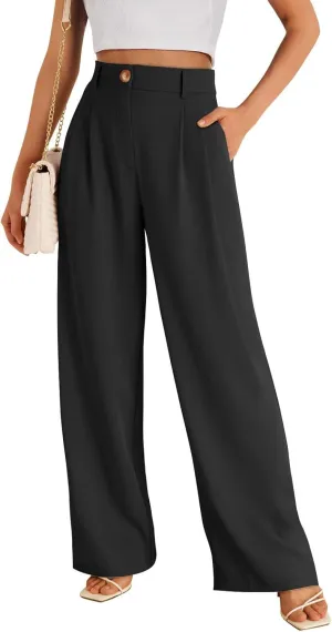 Womens Suit Pants Business High Waist Wide Leg Pant Stretch Button Work Straight Leg Trousers Casual with Pockets