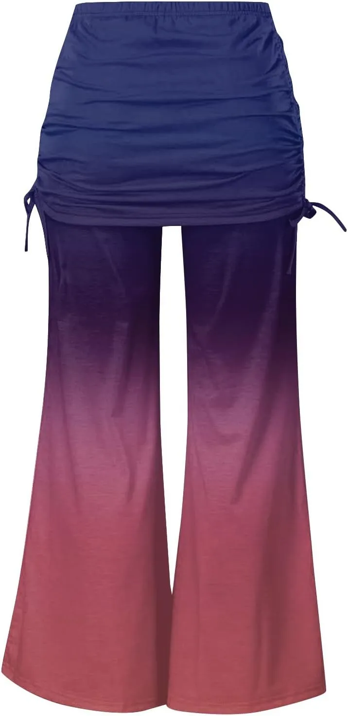 Women's Summer Vintage Print Wide Leg Pants Casual Flared Drawstring Trousers Elastic High Waist Palazzo Pants
