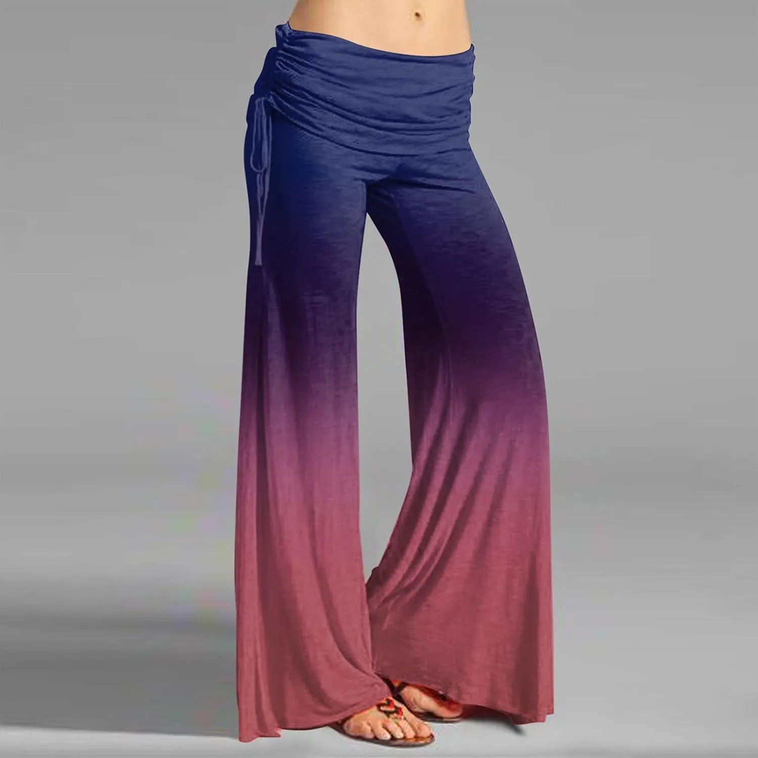 Women's Summer Vintage Print Wide Leg Pants Casual Flared Drawstring Trousers Elastic High Waist Palazzo Pants