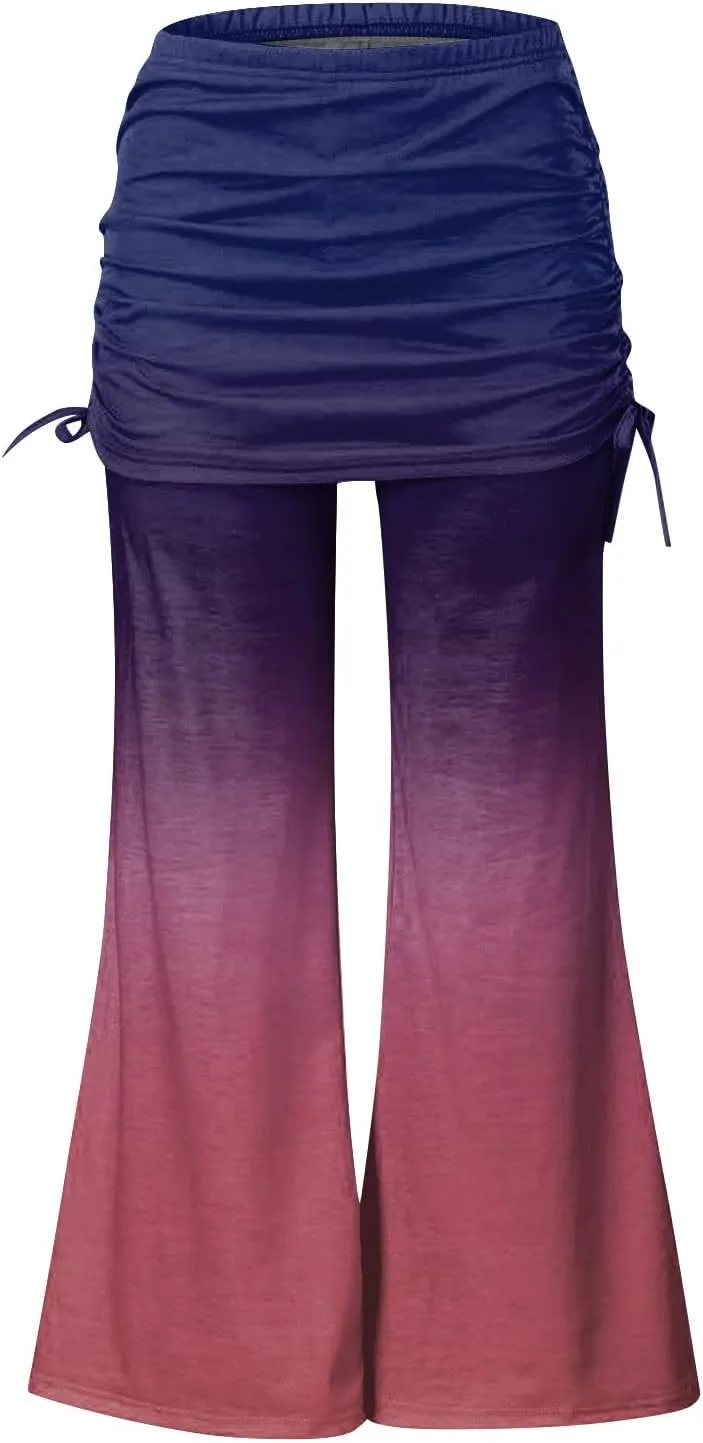 Women's Summer Vintage Print Wide Leg Pants Casual Flared Drawstring Trousers Elastic High Waist Palazzo Pants