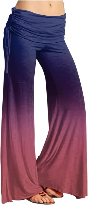 Women's Summer Vintage Print Wide Leg Pants Casual Flared Drawstring Trousers Elastic High Waist Palazzo Pants