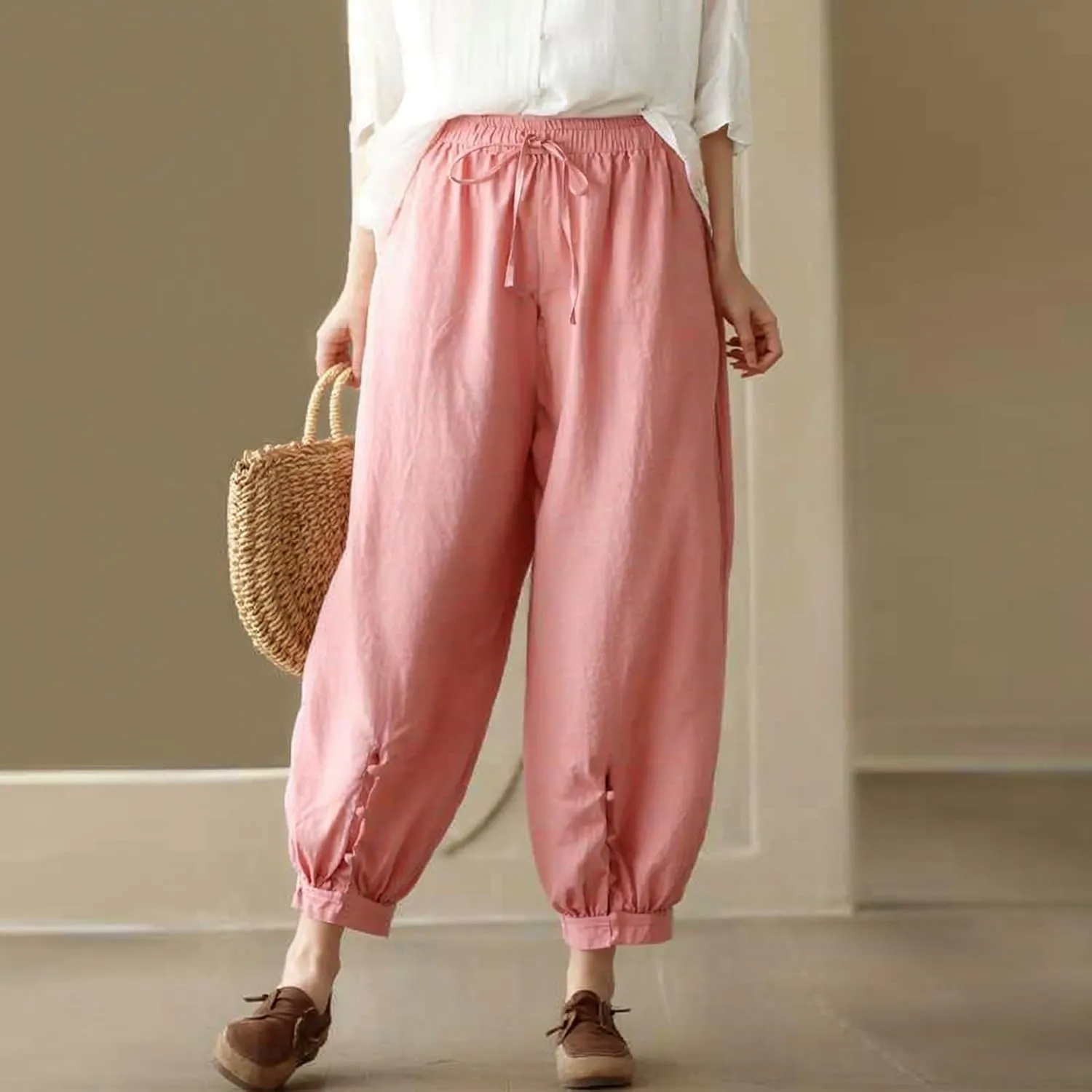 Womens Sweatpants, Straight Leg Striped Side Linen Peasant Pants Casual Elastic Waist