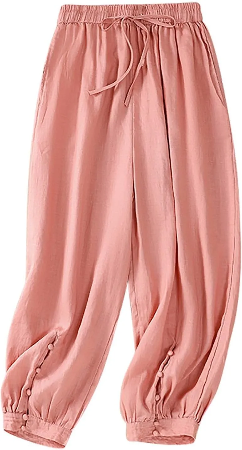 Womens Sweatpants, Straight Leg Striped Side Linen Peasant Pants Casual Elastic Waist