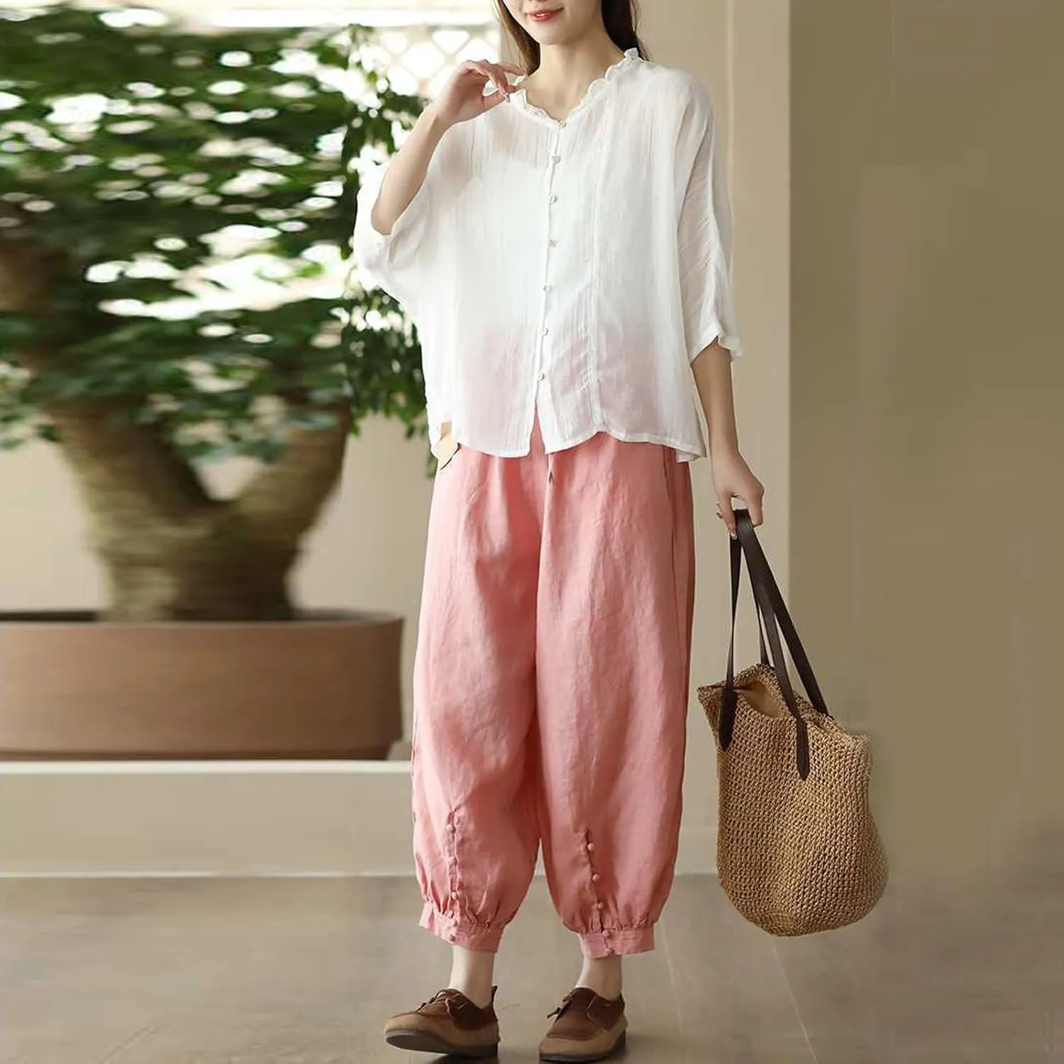 Womens Sweatpants, Straight Leg Striped Side Linen Peasant Pants Casual Elastic Waist