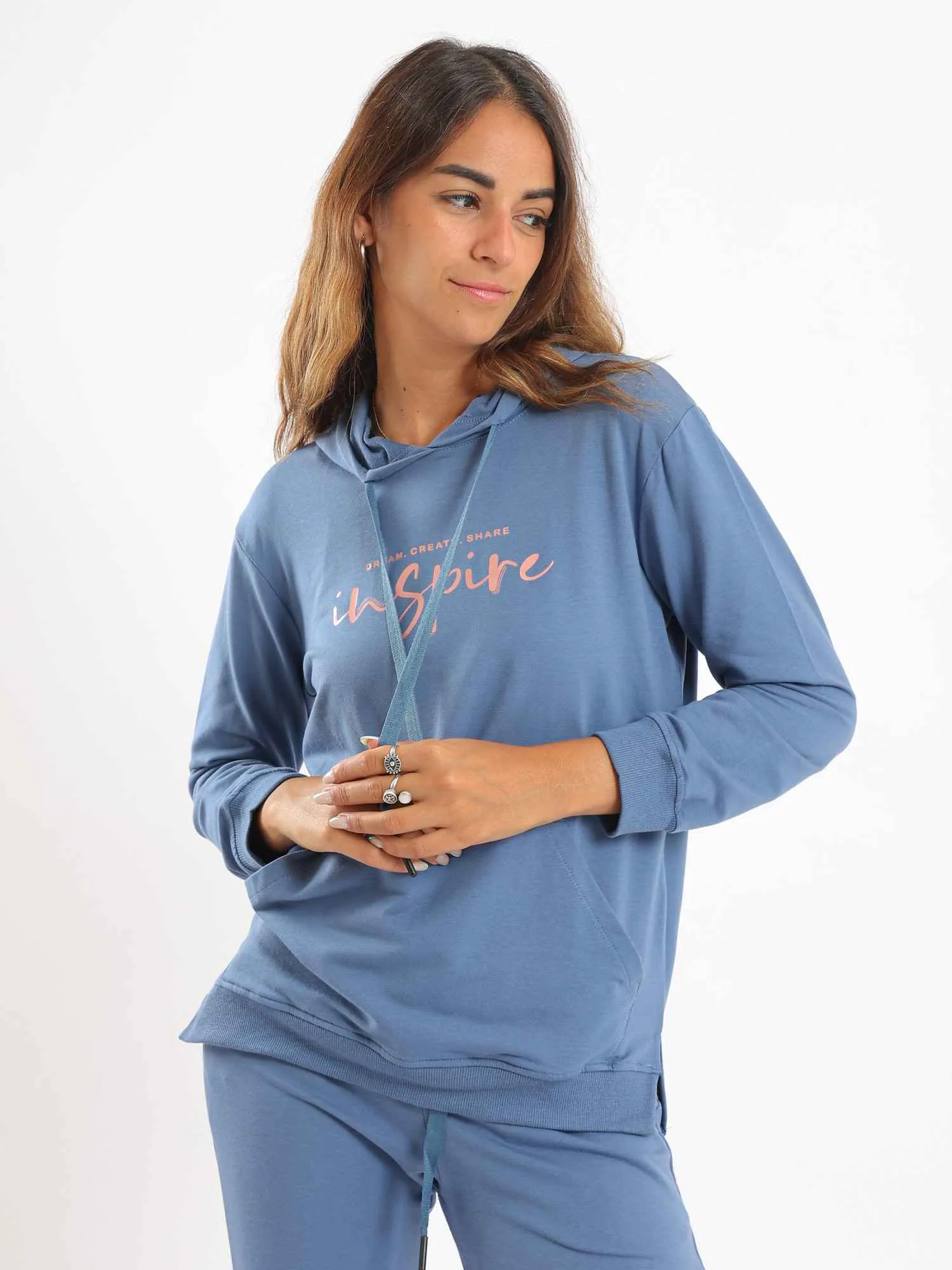Women's Tight Pajamas Set, Long Hoodie With Kangaroo Pocket & Pants - Indigo