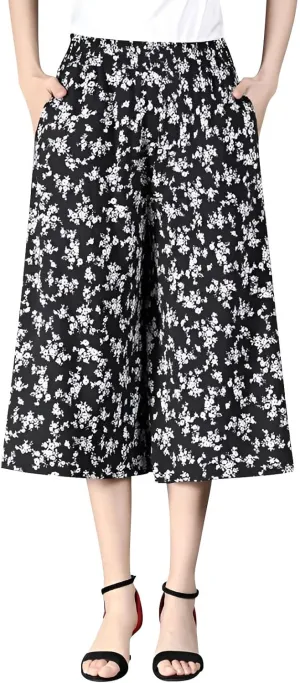 Womens Wide Leg Cropped Pants Plus Size Flowy Loose Fit Capri Pants Summer Floral Printed Elastic High Waisted Beach Trousers