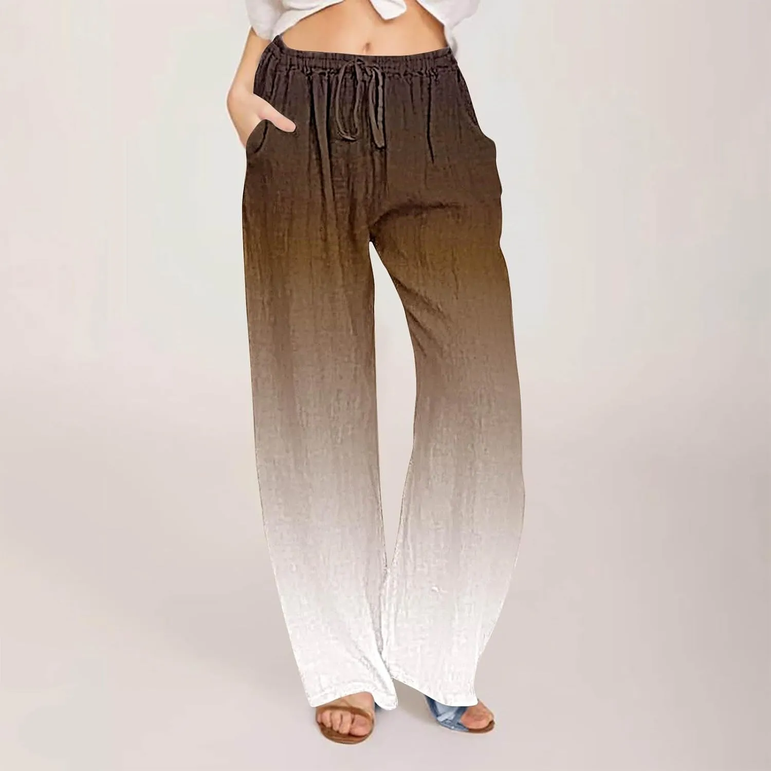 Womens Wide Leg Linen Pants Summer Palazzo Trousers Flowy Elastic High Waisted Pants Casual Beach Vacation Clothes