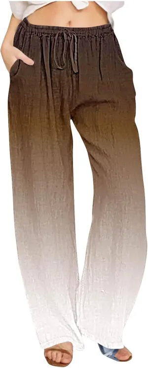 Womens Wide Leg Linen Pants Summer Palazzo Trousers Flowy Elastic High Waisted Pants Casual Beach Vacation Clothes