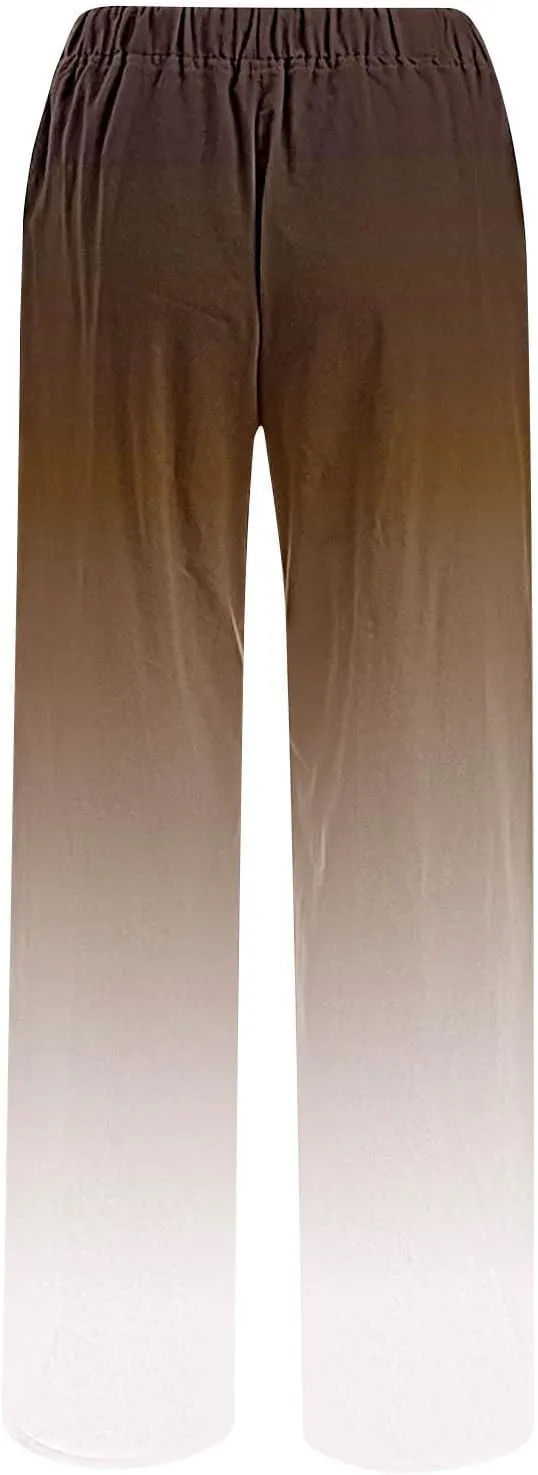 Womens Wide Leg Linen Pants Summer Palazzo Trousers Flowy Elastic High Waisted Pants Casual Beach Vacation Clothes
