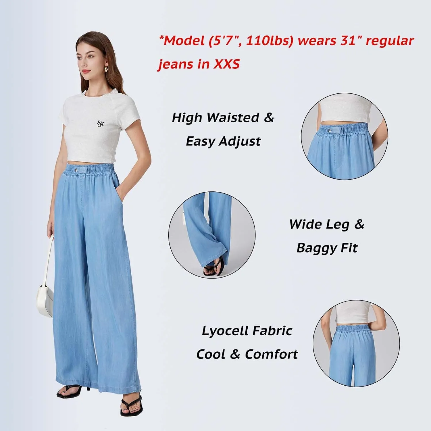 Womens Wide Leg Pull-On Jeans with Elastic High-Rise Waist (29/31")