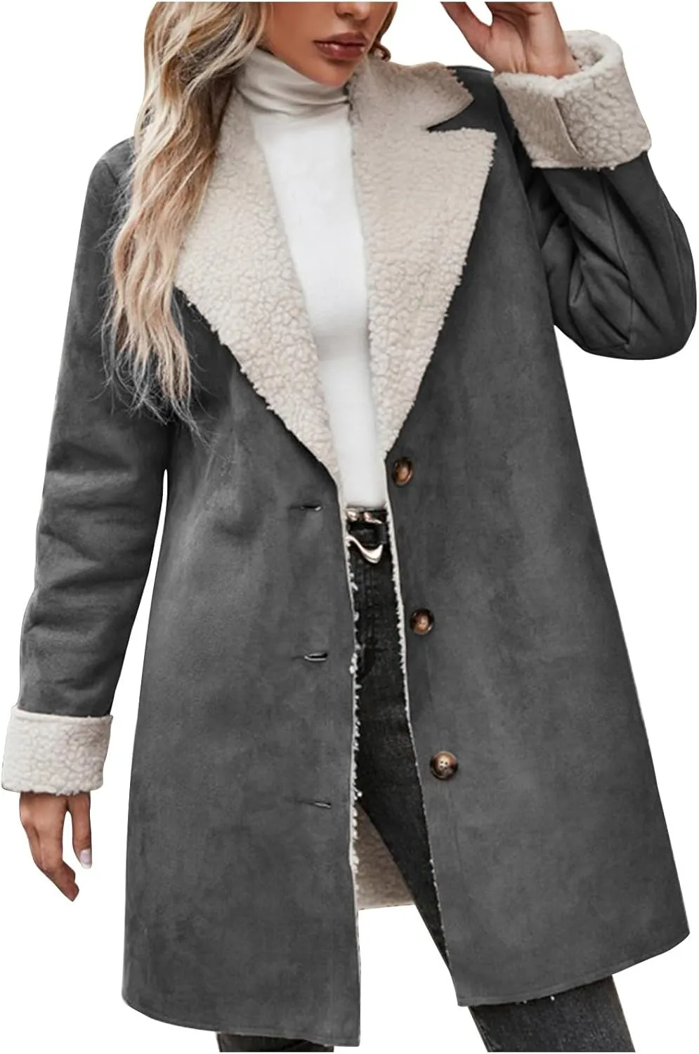 Womens Winter Coats Fleece Fuzzy Sherpa Lined Jackets Notch Lapel Pea Trench Coats Warm Overcoat Fashion Fall Outfits