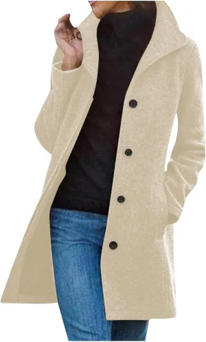 Womens Winter Wool Blend Coat Solid Single Breasted Stand Collar Pea Coat Casual Loose Thicken Warm Trench Coat