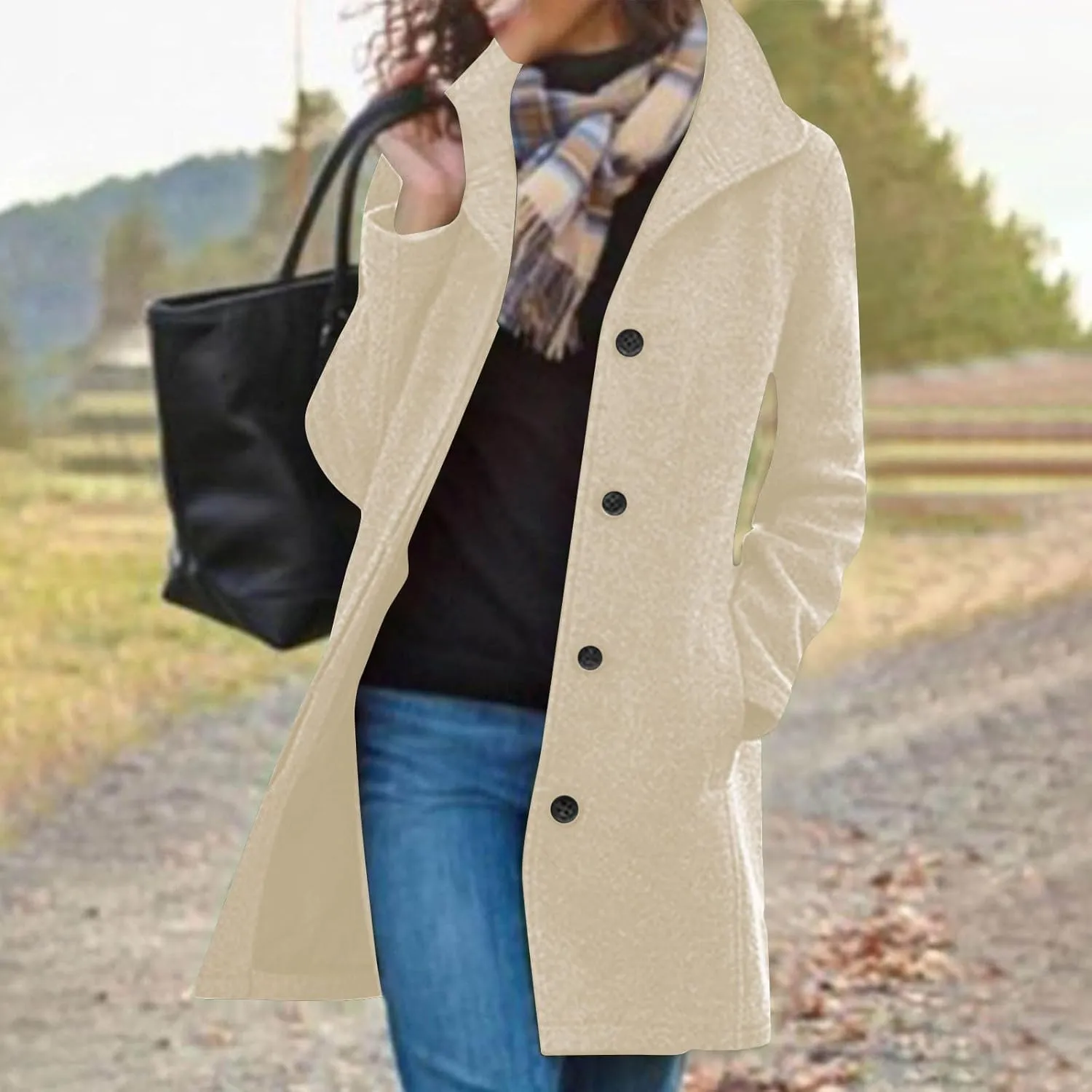 Womens Winter Wool Blend Coat Solid Single Breasted Stand Collar Pea Coat Casual Loose Thicken Warm Trench Coat