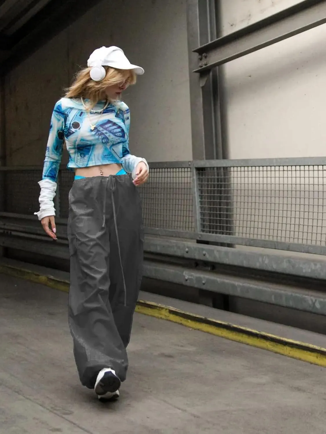 Xineicy Parachute Pants for Women Drawstring Baggy Cargo Pants Y2K Trouser Low Rised Jogger Sweatpants