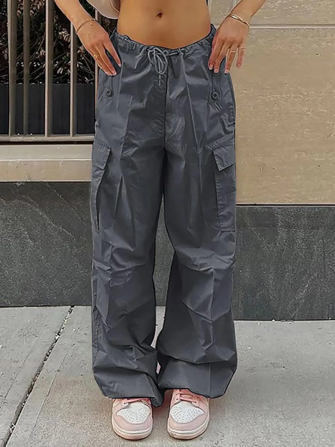 Xineicy Parachute Pants for Women Drawstring Baggy Cargo Pants Y2K Trouser Low Rised Jogger Sweatpants