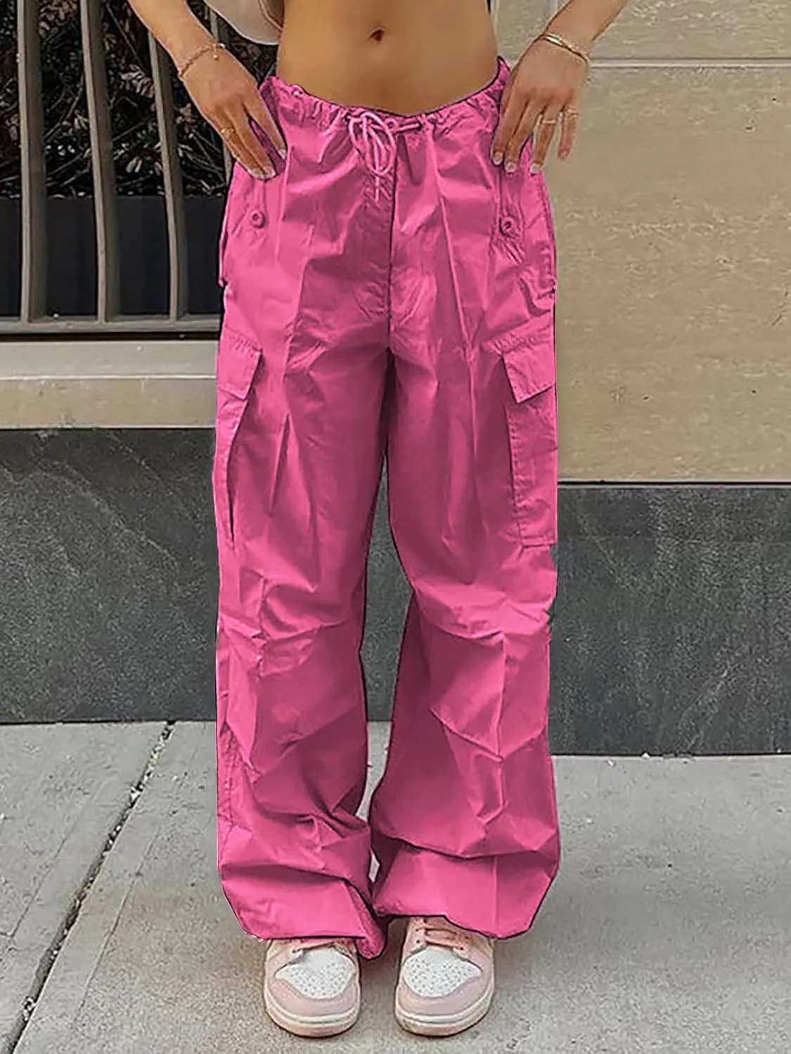 Xineicy Parachute Pants for Women Drawstring Baggy Cargo Pants Y2K Trouser Low Rised Jogger Sweatpants