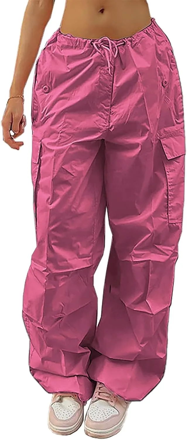 Xineicy Parachute Pants for Women Drawstring Baggy Cargo Pants Y2K Trouser Low Rised Jogger Sweatpants