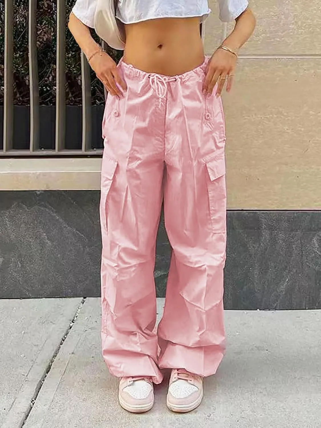 Xineicy Parachute Pants for Women Drawstring Baggy Cargo Pants Y2K Trouser Low Rised Jogger Sweatpants