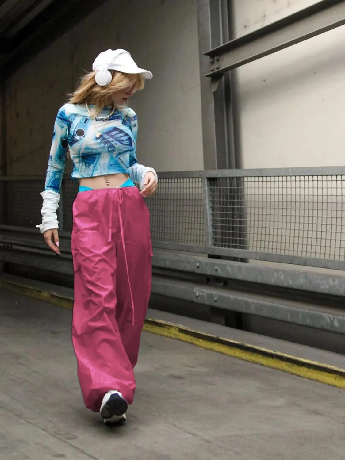 Xineicy Parachute Pants for Women Drawstring Baggy Cargo Pants Y2K Trouser Low Rised Jogger Sweatpants