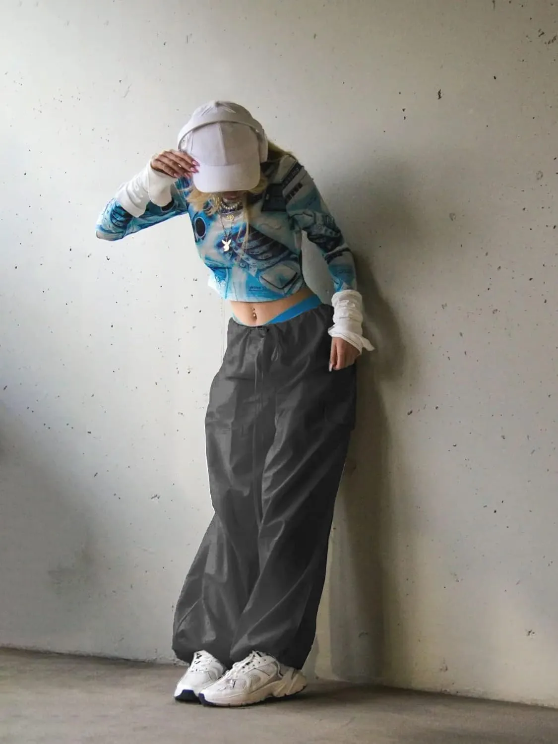 Xineicy Parachute Pants for Women Drawstring Baggy Cargo Pants Y2K Trouser Low Rised Jogger Sweatpants