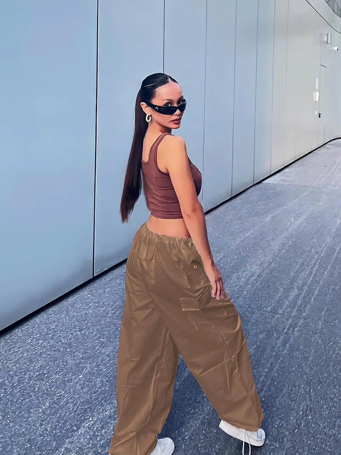 Xineicy Parachute Pants for Women Drawstring Baggy Cargo Pants Y2K Trouser Low Rised Jogger Sweatpants