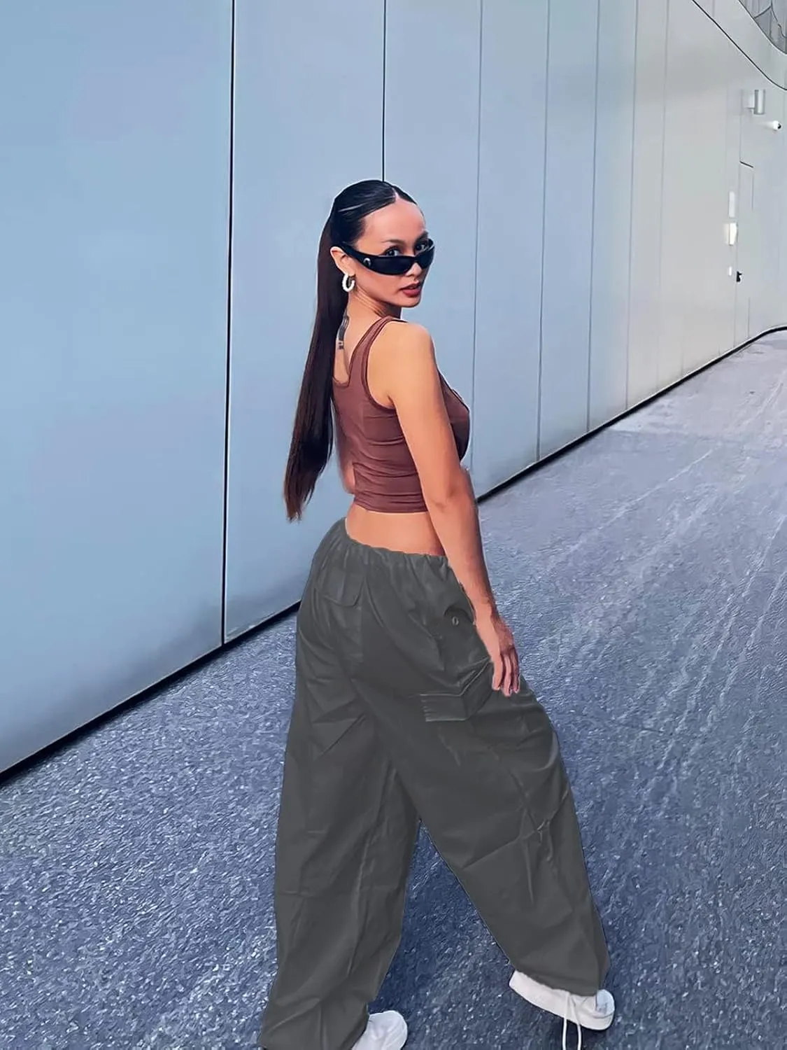 Xineicy Parachute Pants for Women Drawstring Baggy Cargo Pants Y2K Trouser Low Rised Jogger Sweatpants