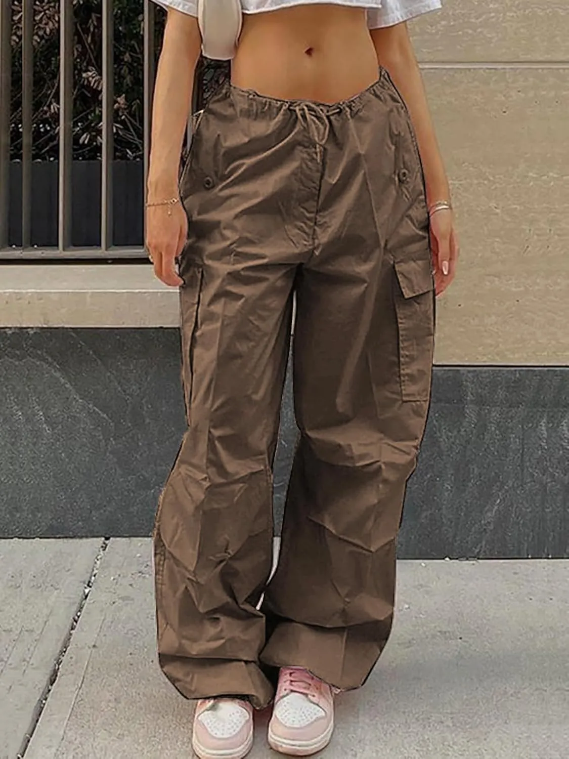 Xineicy Parachute Pants for Women Drawstring Baggy Cargo Pants Y2K Trouser Low Rised Jogger Sweatpants