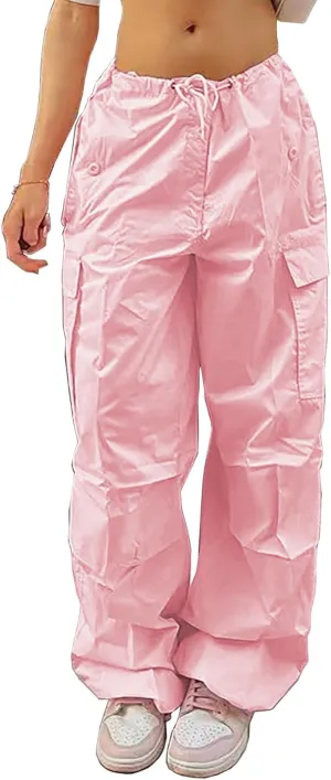 Xineicy Parachute Pants for Women Drawstring Baggy Cargo Pants Y2K Trouser Low Rised Jogger Sweatpants