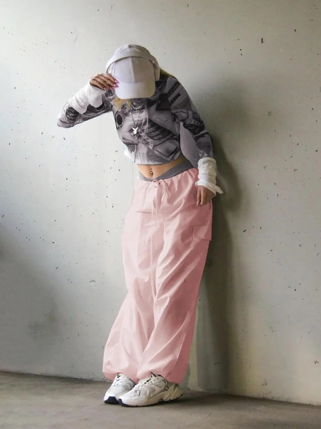 Xineicy Parachute Pants for Women Drawstring Baggy Cargo Pants Y2K Trouser Low Rised Jogger Sweatpants