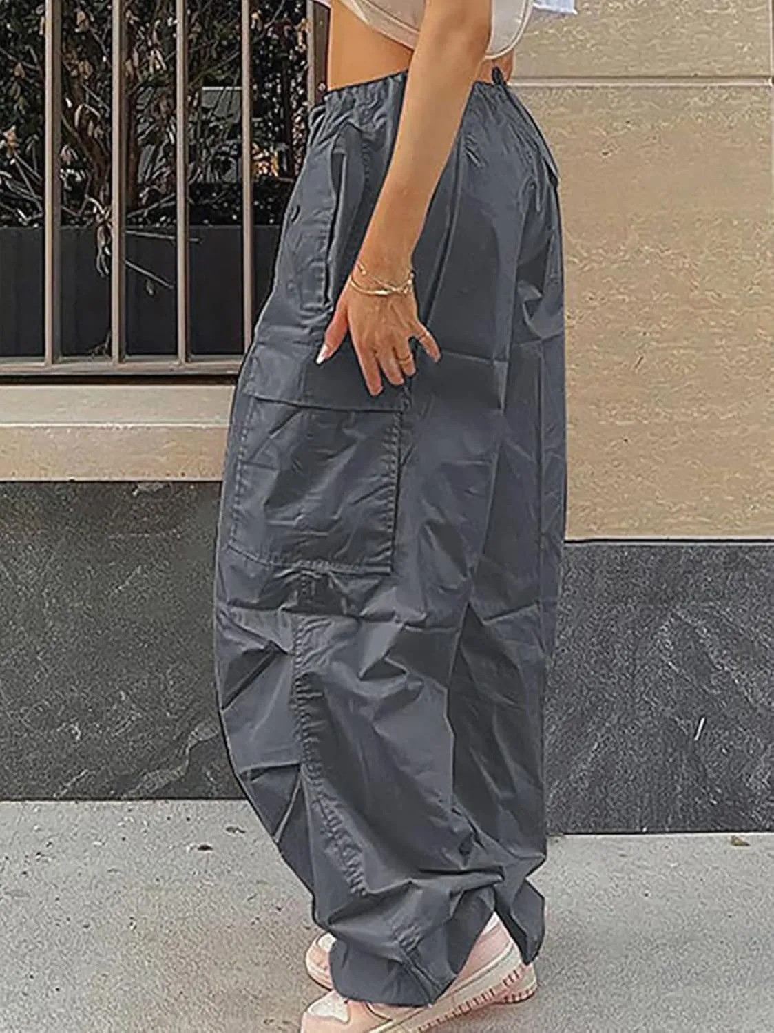 Xineicy Parachute Pants for Women Drawstring Baggy Cargo Pants Y2K Trouser Low Rised Jogger Sweatpants