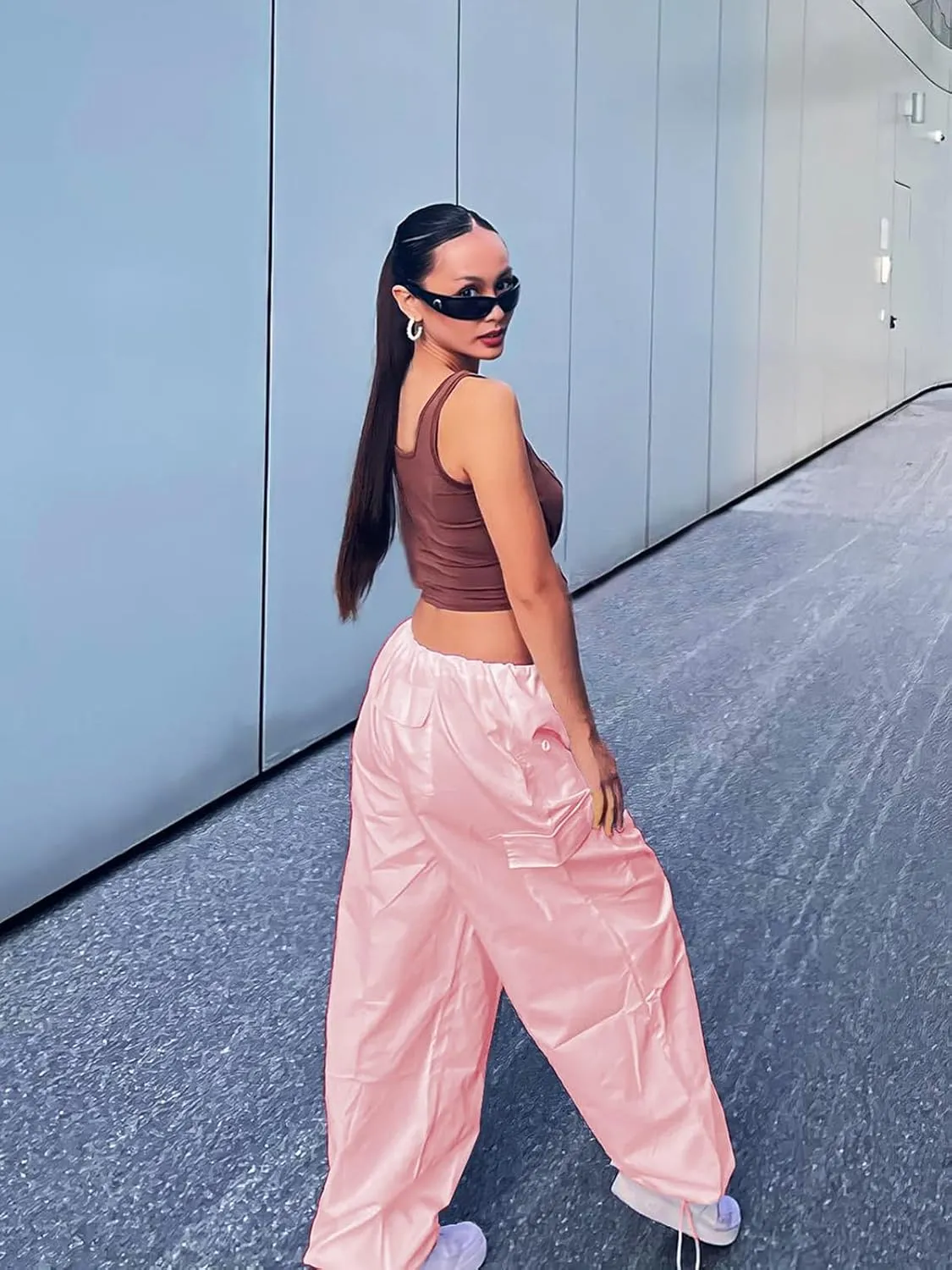 Xineicy Parachute Pants for Women Drawstring Baggy Cargo Pants Y2K Trouser Low Rised Jogger Sweatpants