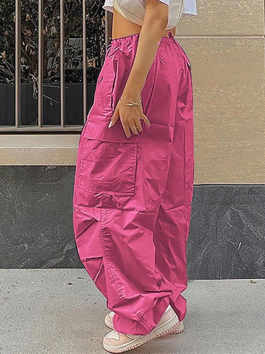 Xineicy Parachute Pants for Women Drawstring Baggy Cargo Pants Y2K Trouser Low Rised Jogger Sweatpants