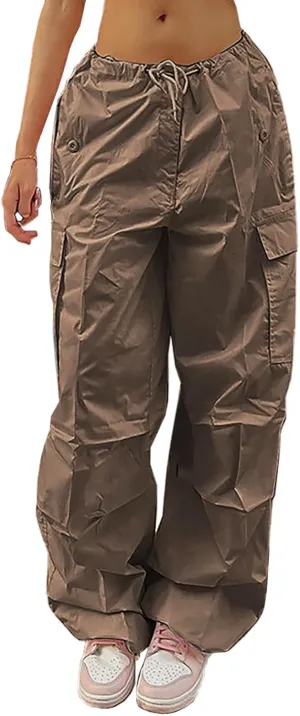 Xineicy Parachute Pants for Women Drawstring Baggy Cargo Pants Y2K Trouser Low Rised Jogger Sweatpants