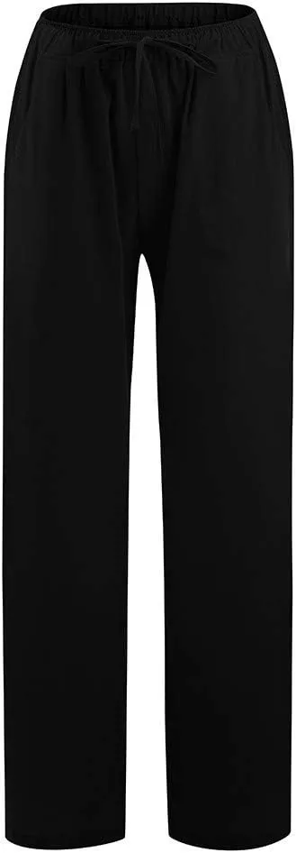 YRAETENM Casual Linen Pants for Women Wide Leg Baggy Flowy Beach Trousers Summer Elastic High Waisted Palazzo Pants