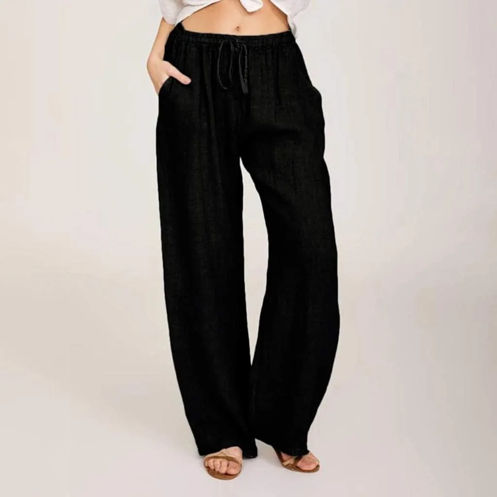 YRAETENM Casual Linen Pants for Women Wide Leg Baggy Flowy Beach Trousers Summer Elastic High Waisted Palazzo Pants