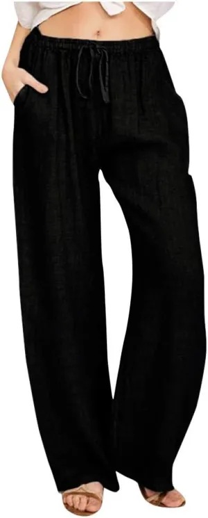 YRAETENM Casual Linen Pants for Women Wide Leg Baggy Flowy Beach Trousers Summer Elastic High Waisted Palazzo Pants