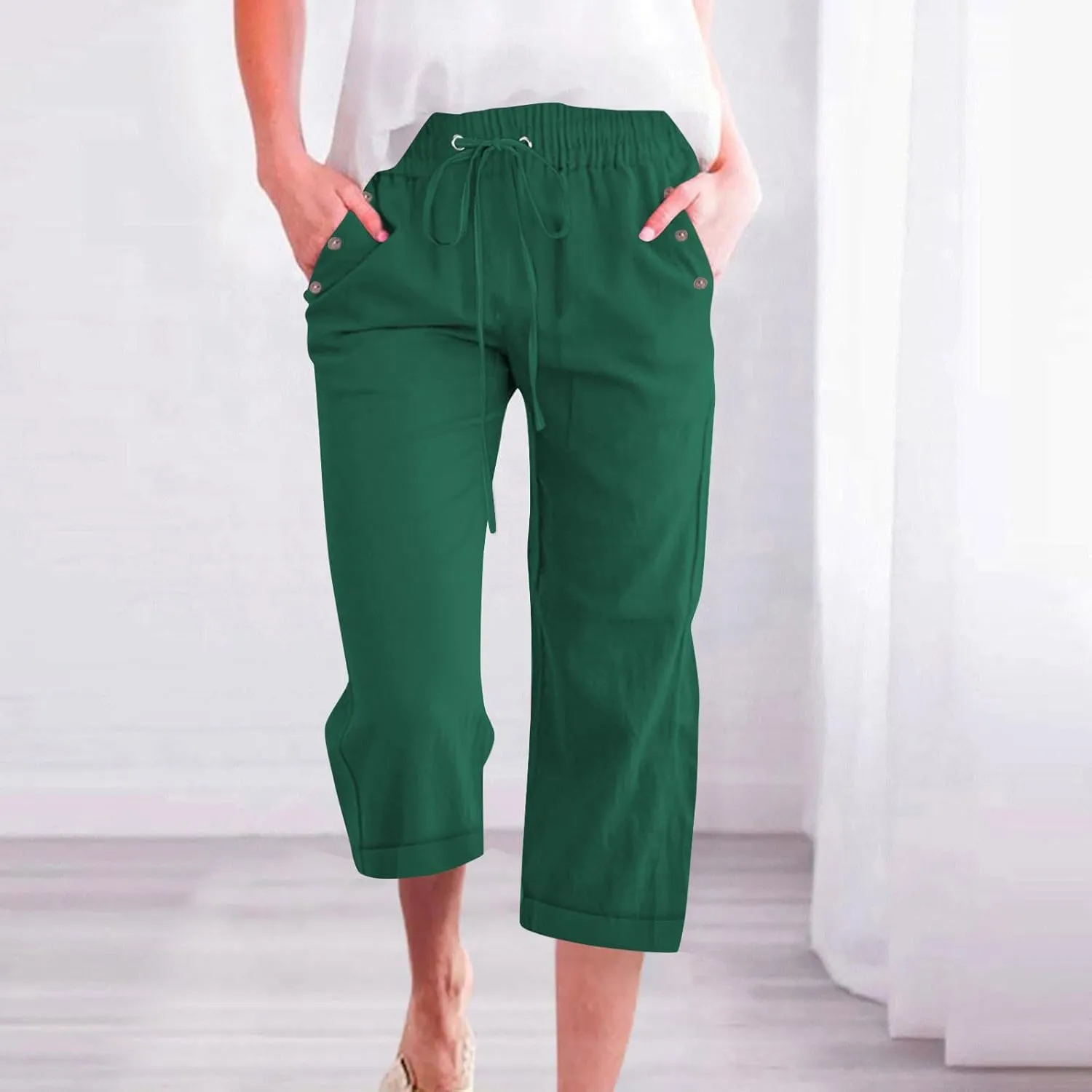 YRAETENM Linen Capri Pants for Women Summer Drawstring Elastic High Waist Cotton Pants Comfy Wide Leg Plus Size Lounge Capris