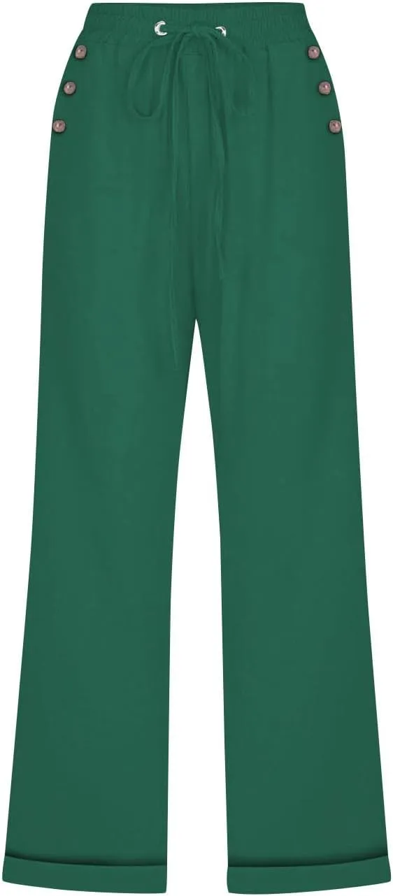 YRAETENM Linen Capri Pants for Women Summer Drawstring Elastic High Waist Cotton Pants Comfy Wide Leg Plus Size Lounge Capris
