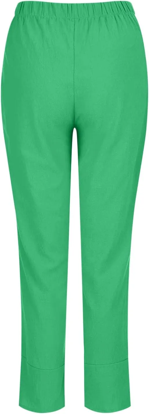 YRAETENM Linen Pants Women Summer Casual Capri Pants Cropped Comfy Baggy Trousers High Waisted Lounge Pants with Pockets