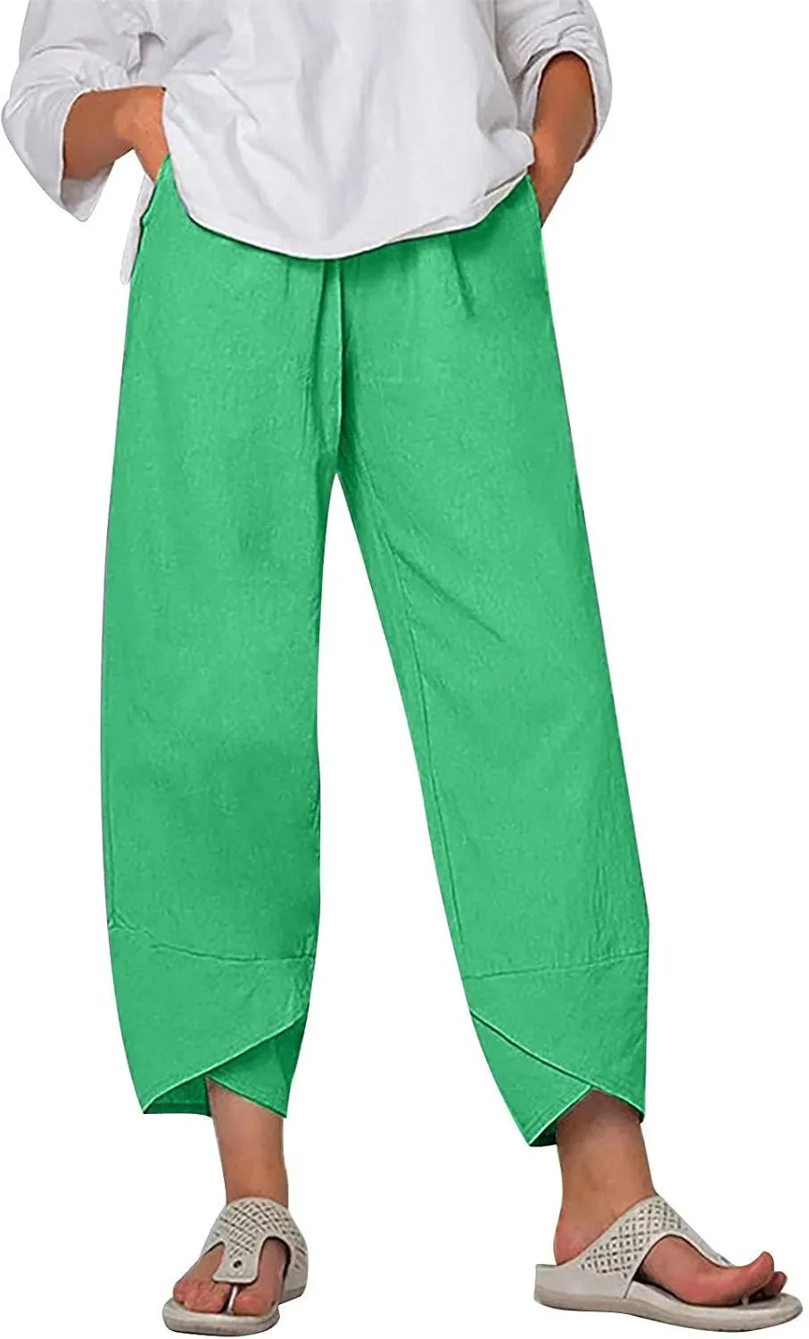 YRAETENM Linen Pants Women Summer Casual Capri Pants Cropped Comfy Baggy Trousers High Waisted Lounge Pants with Pockets