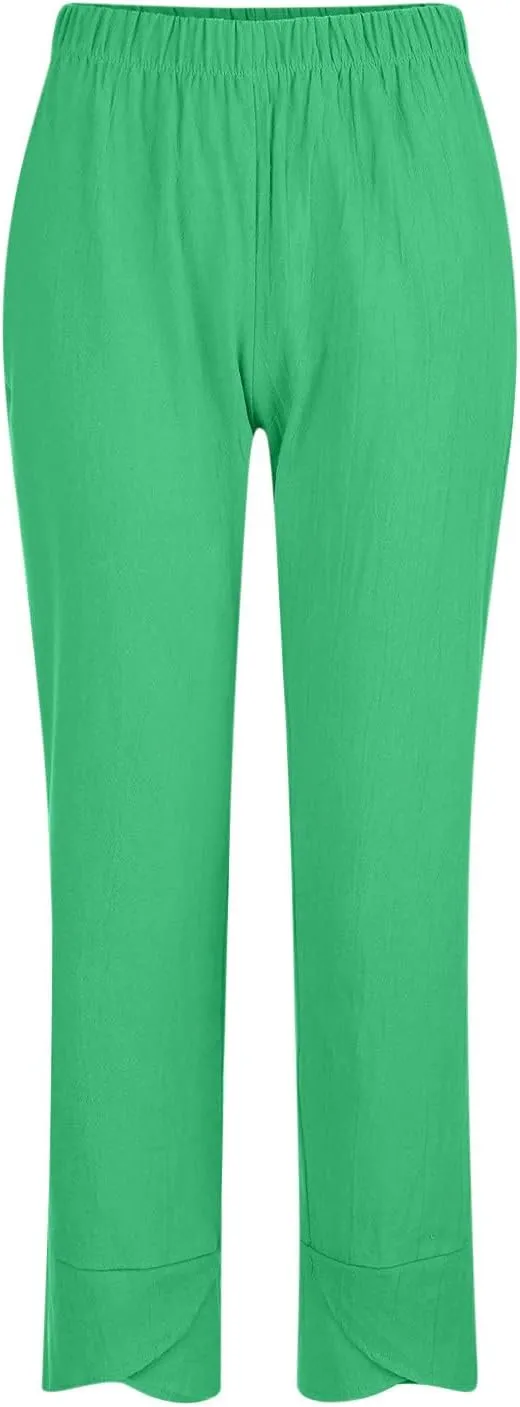 YRAETENM Linen Pants Women Summer Casual Capri Pants Cropped Comfy Baggy Trousers High Waisted Lounge Pants with Pockets