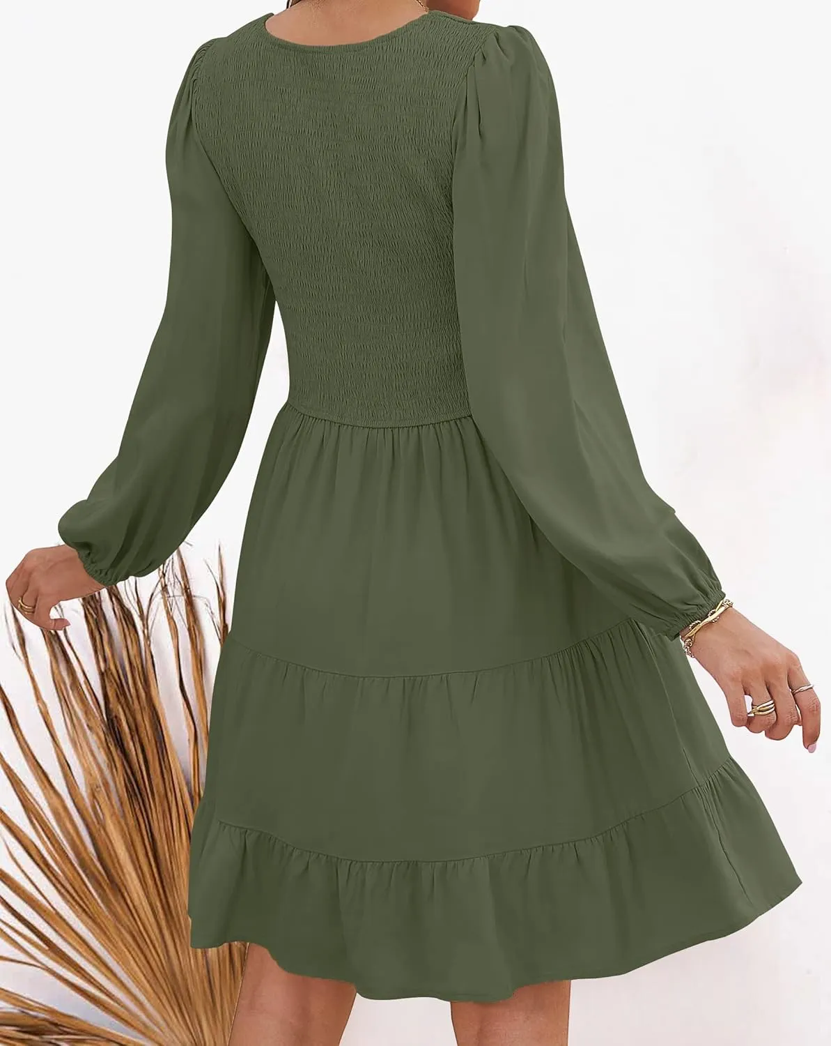 ZESICA Women's Casual V Neck Long Sleeve Smocked High Waist Ruffle A Line Tiered Mini Dress