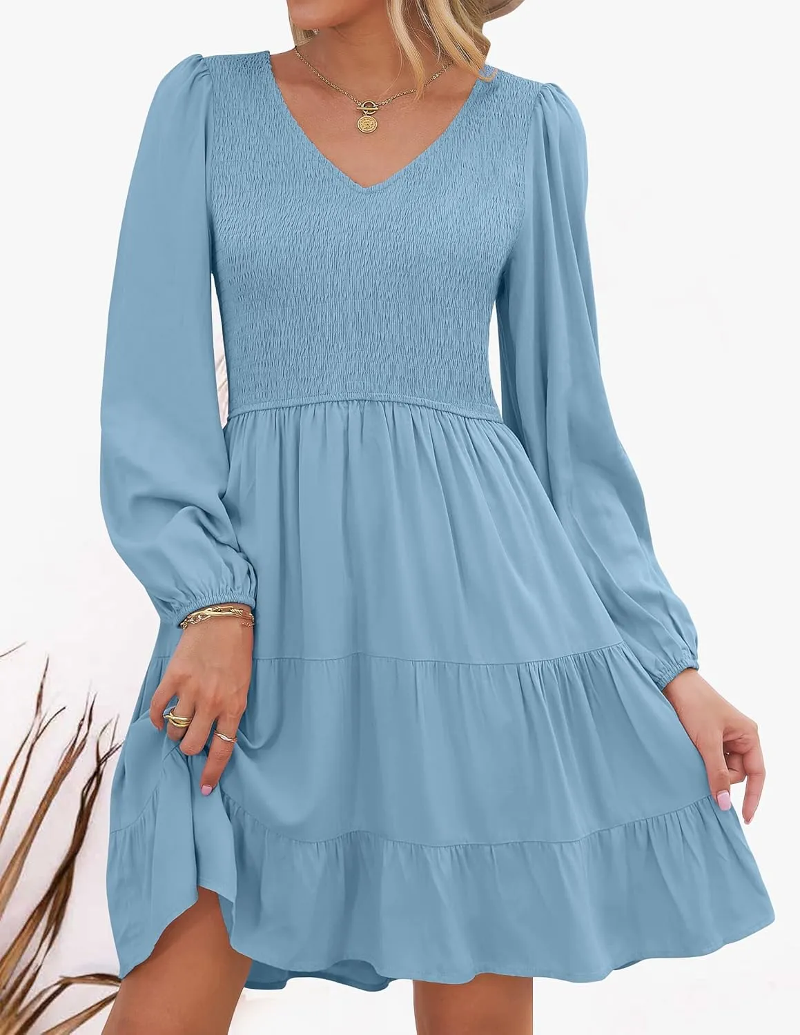 ZESICA Women's Casual V Neck Long Sleeve Smocked High Waist Ruffle A Line Tiered Mini Dress
