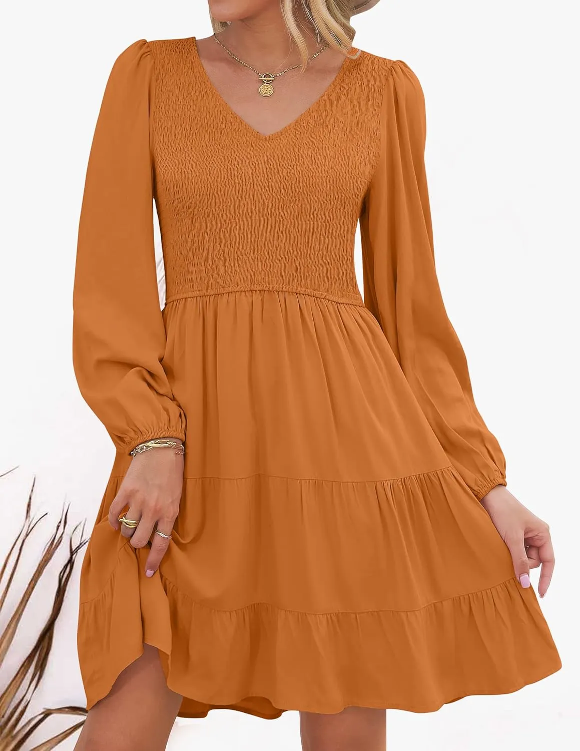ZESICA Women's Casual V Neck Long Sleeve Smocked High Waist Ruffle A Line Tiered Mini Dress