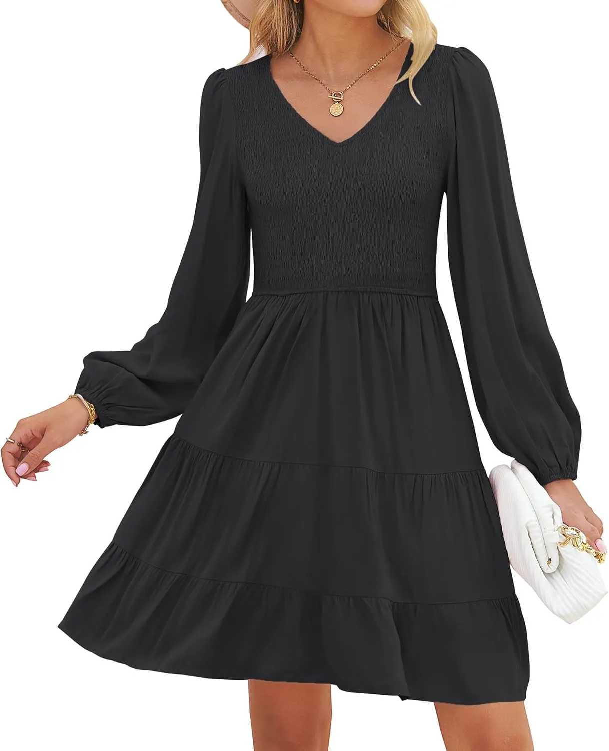 ZESICA Women's Casual V Neck Long Sleeve Smocked High Waist Ruffle A Line Tiered Mini Dress