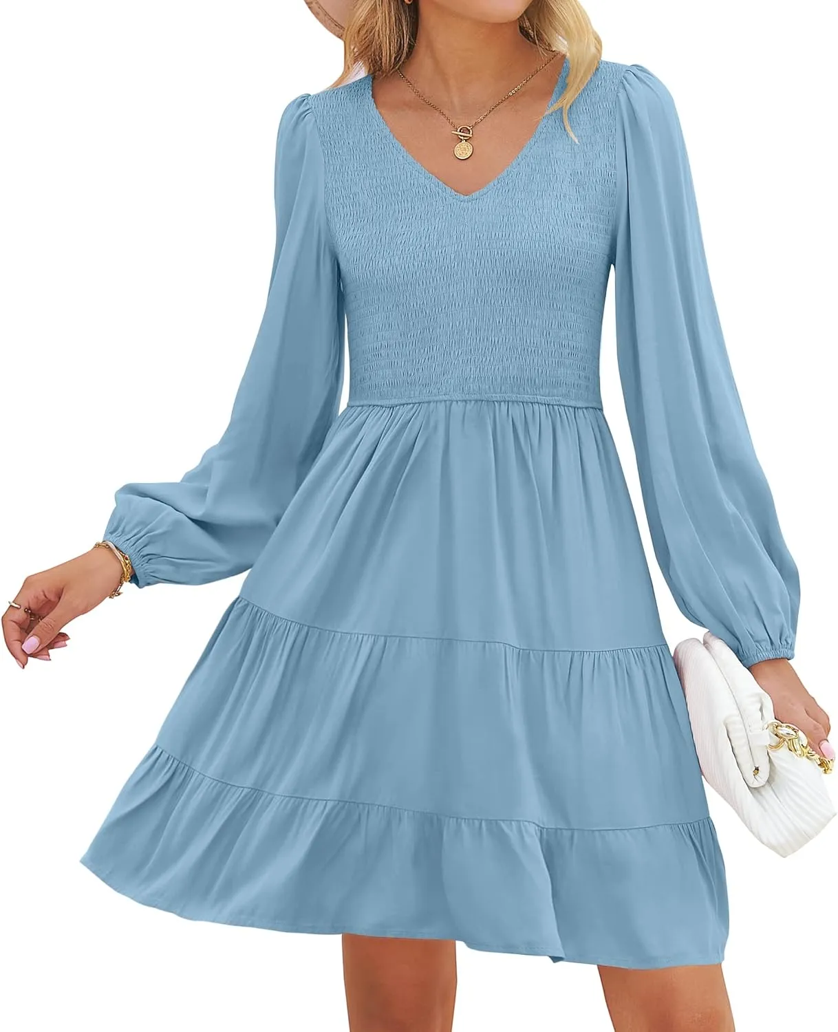 ZESICA Women's Casual V Neck Long Sleeve Smocked High Waist Ruffle A Line Tiered Mini Dress